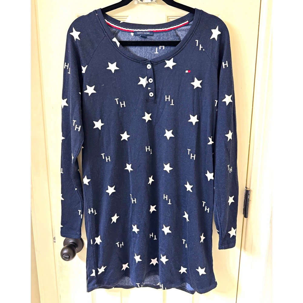 Tommy Hilfiger Women's XL Star Print Nightgown Blue/White Long Sleeve Henley